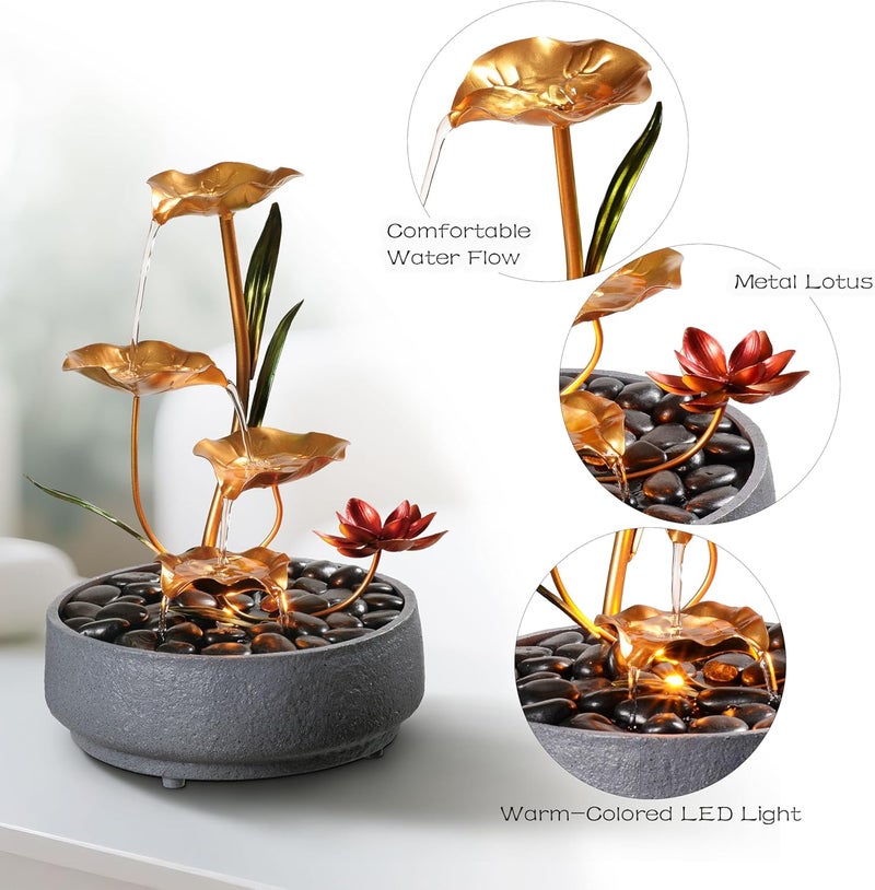 Haobos Indoor Tabletop Fountain Exquisite Meditation Desk Water Fountain Decorative Zen,4-Tier Lotus Desk Fountain,Home/Office Decor Housewarming Gift for Mom（23154） - Image 3